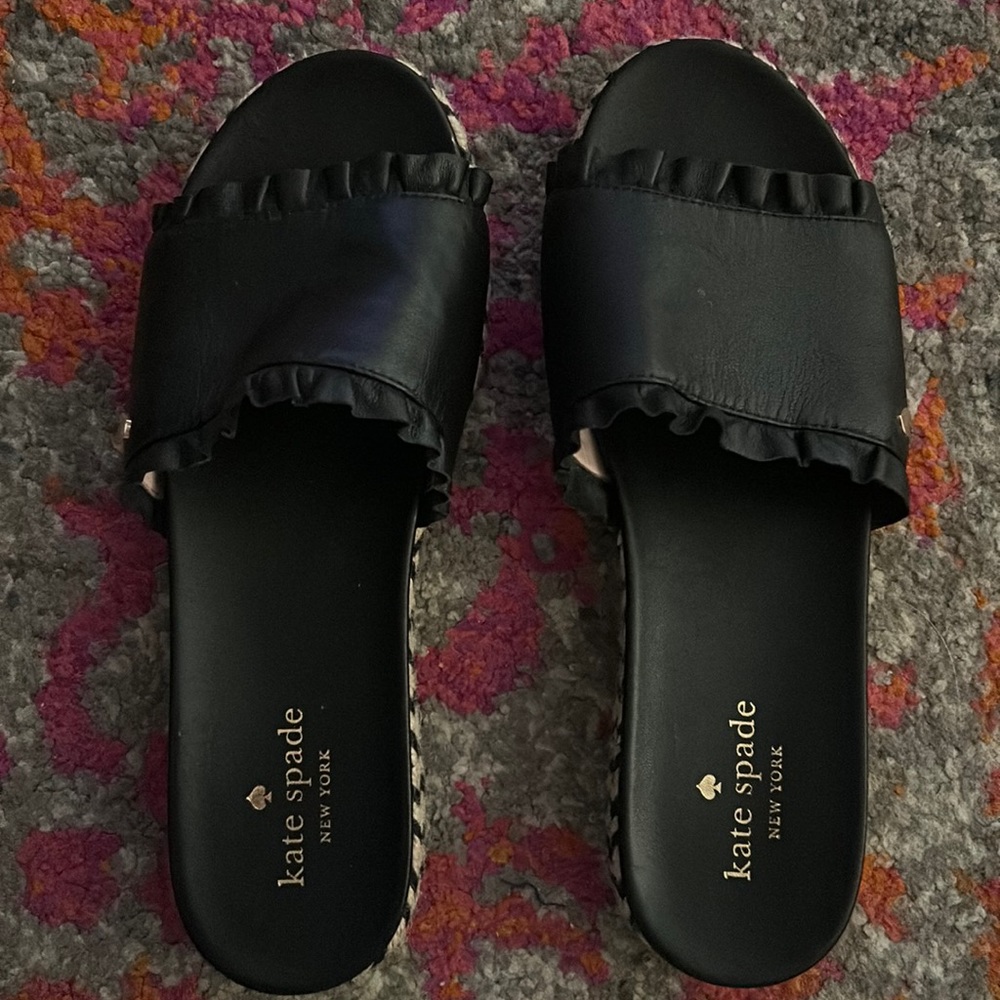 Black leather slides with fun rope bottom
